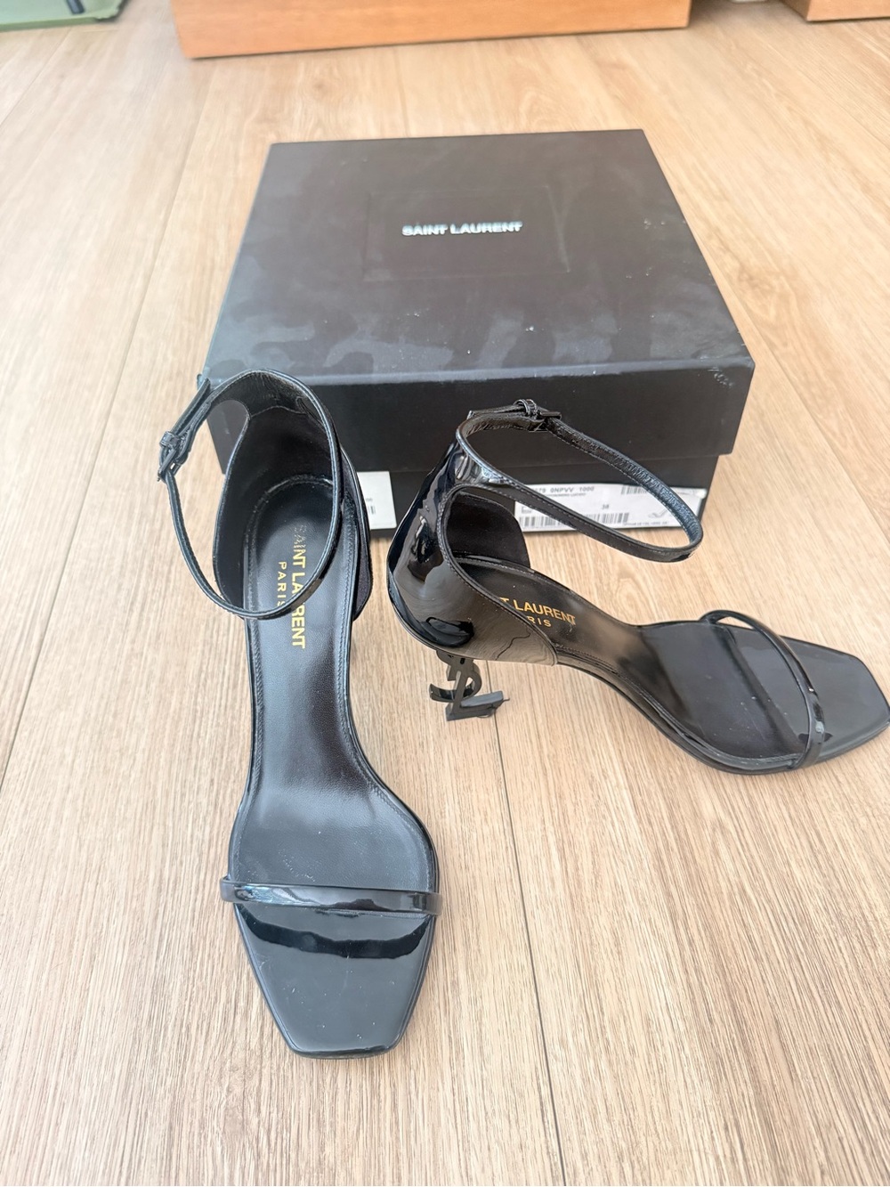 Saint Laurent Black Patent Leather Ankle-Strap Sandals with Logo Heel